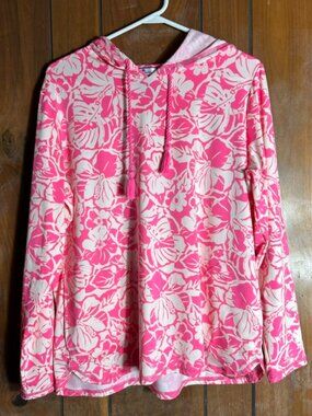 Island Collection Hooded Sunshirt Womens Sz XL Pink White Hibiscus Floral Print